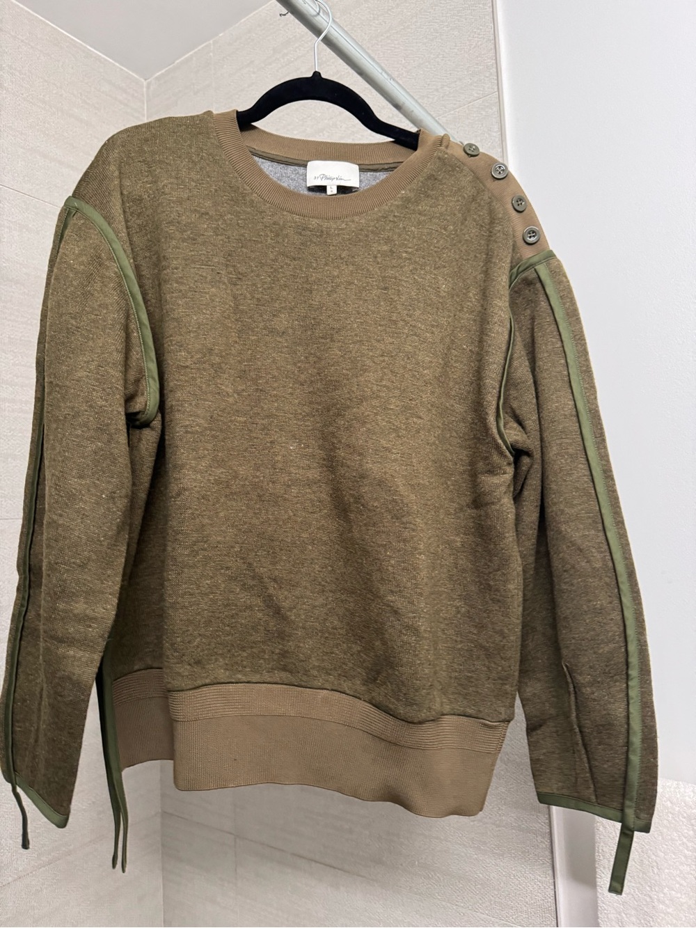 3.1 Phillip Lim Olive Green Crewneck Sweater with Shoulder Buttons